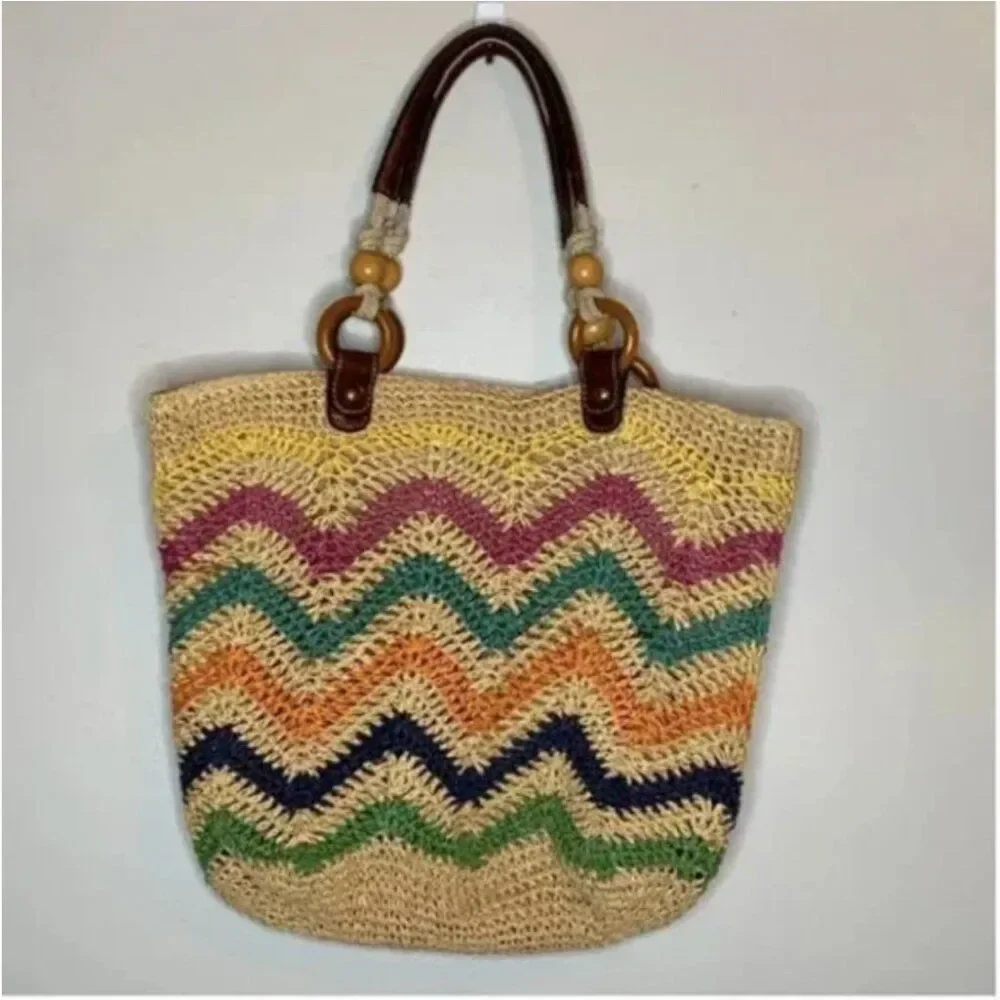 Fossil Multi-Colored Raffia Straw Shoulder Bag with Leather Straps Wood Accents
